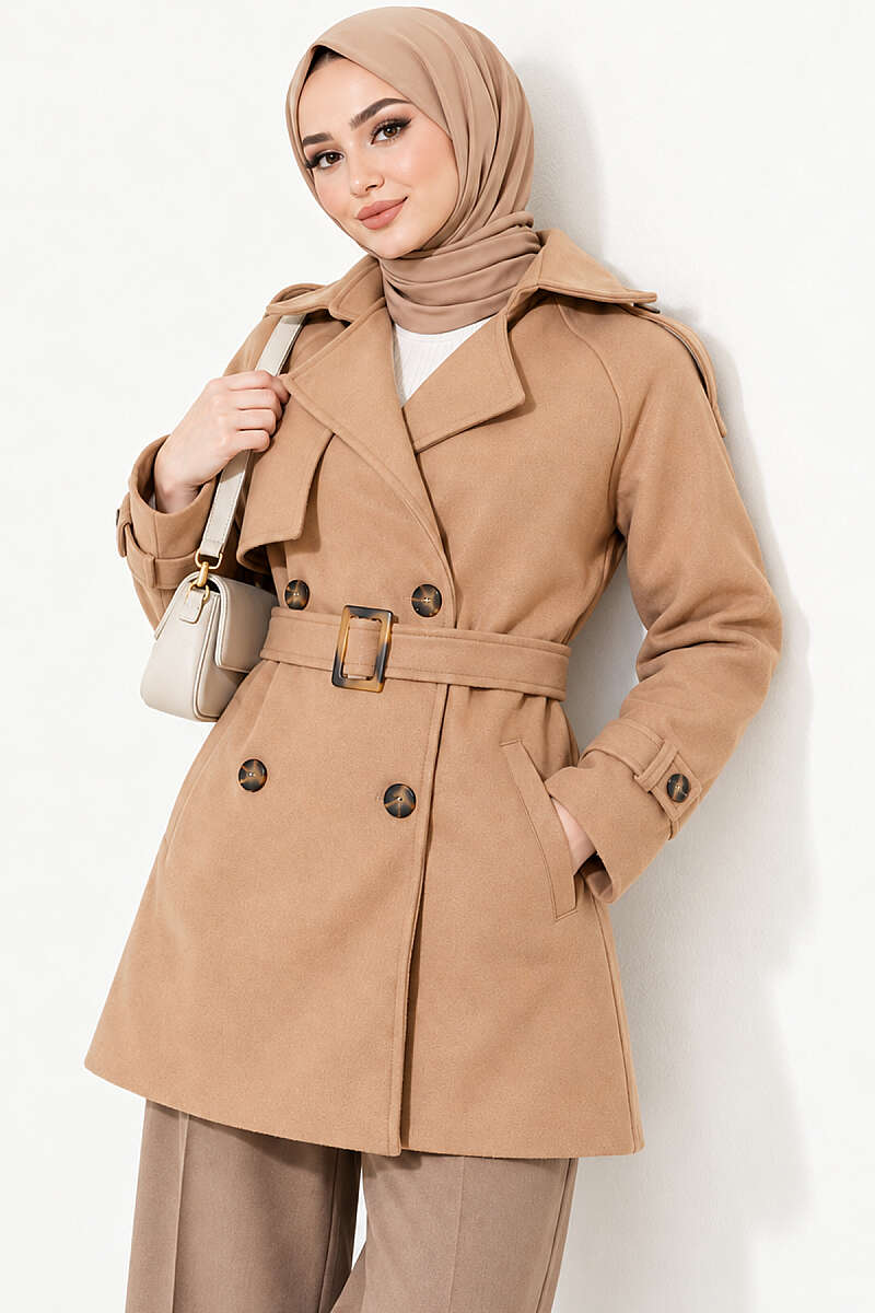 Short Belted Felt Coat with Epaulettes - Camel