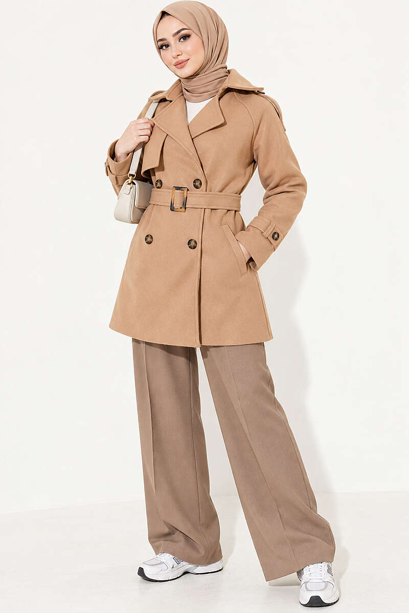 Short Belted Felt Coat with Epaulettes - Camel