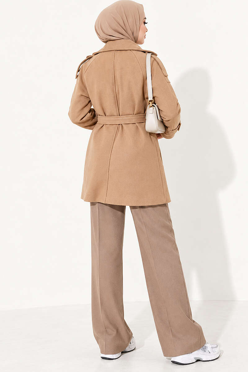 Short Belted Felt Coat with Epaulettes - Camel