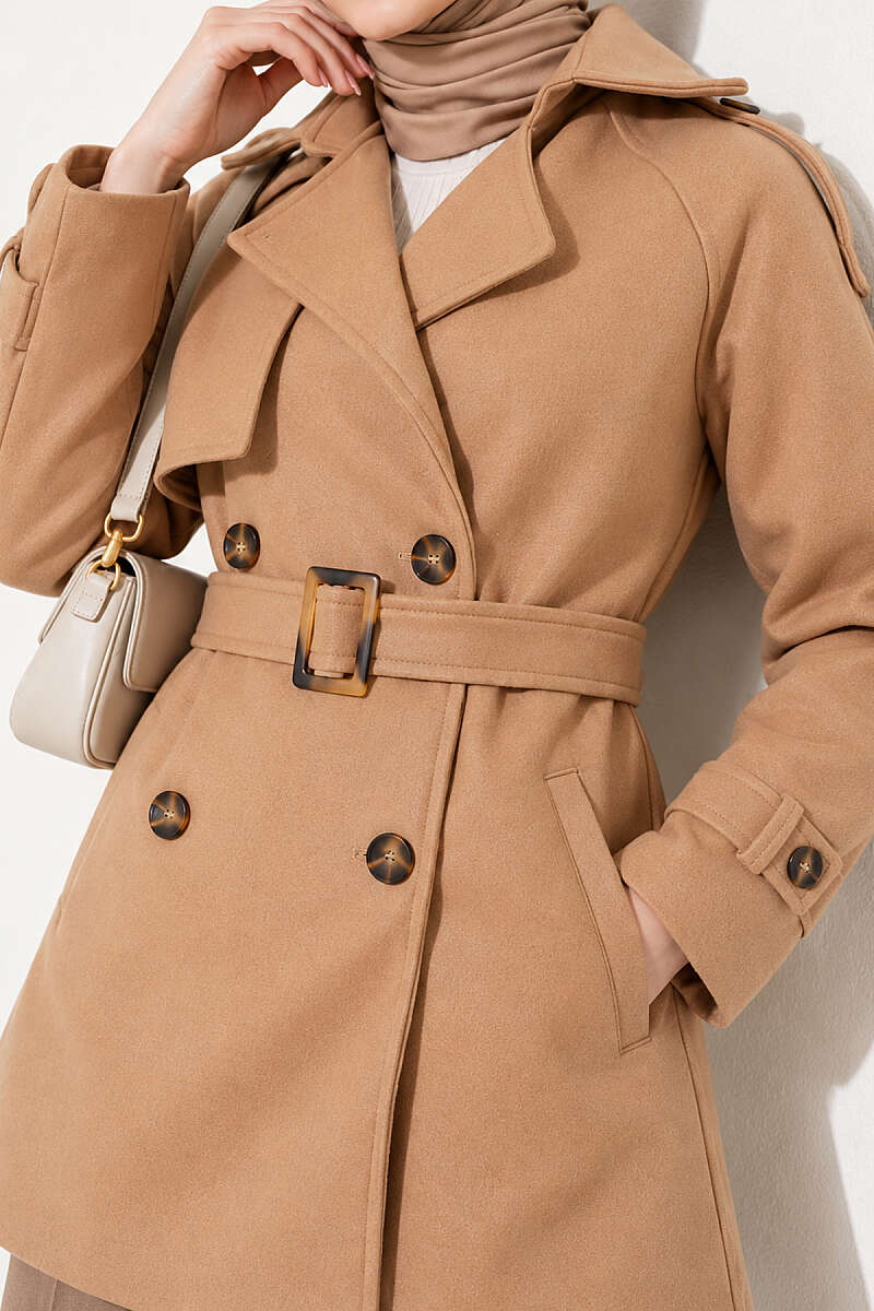 Short Belted Felt Coat with Epaulettes - Camel