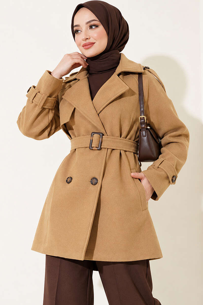 Short Belted Felt Coat with Epaulettes - Latte
