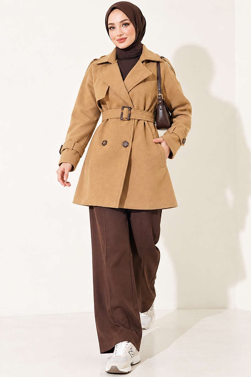 Short Belted Felt Coat with Epaulettes - Latte