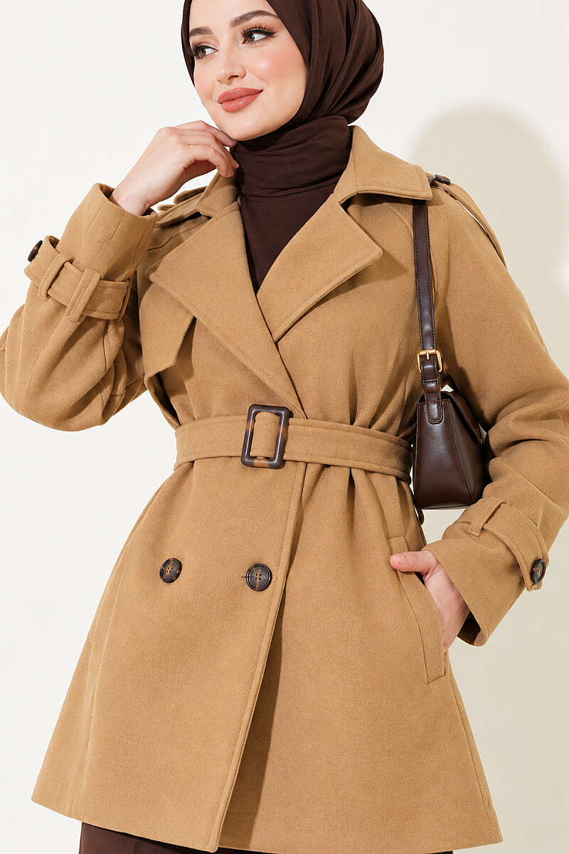 Short Belted Felt Coat with Epaulettes - Latte