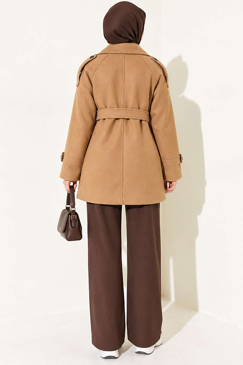 Short Belted Felt Coat with Epaulettes - Latte