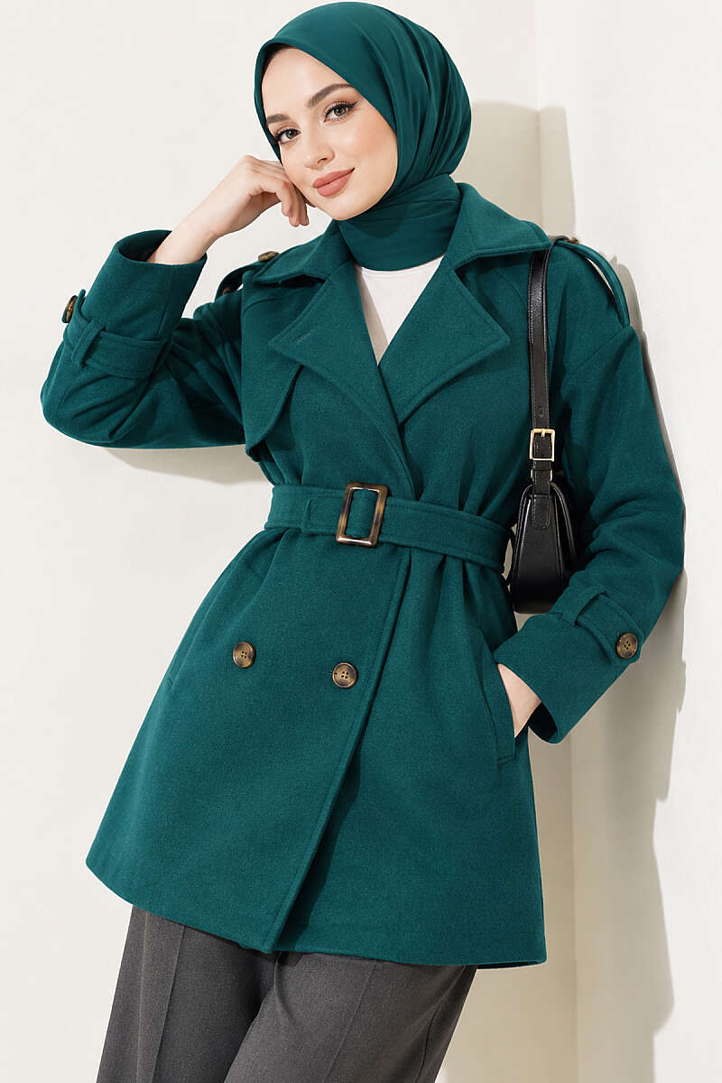 Short Belted Felt Coat with Epaulettes - Emerald