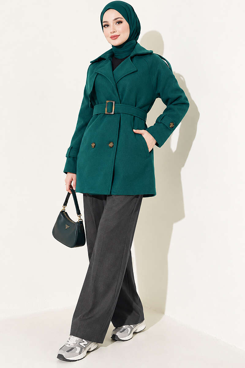 Short Belted Felt Coat with Epaulettes - Emerald