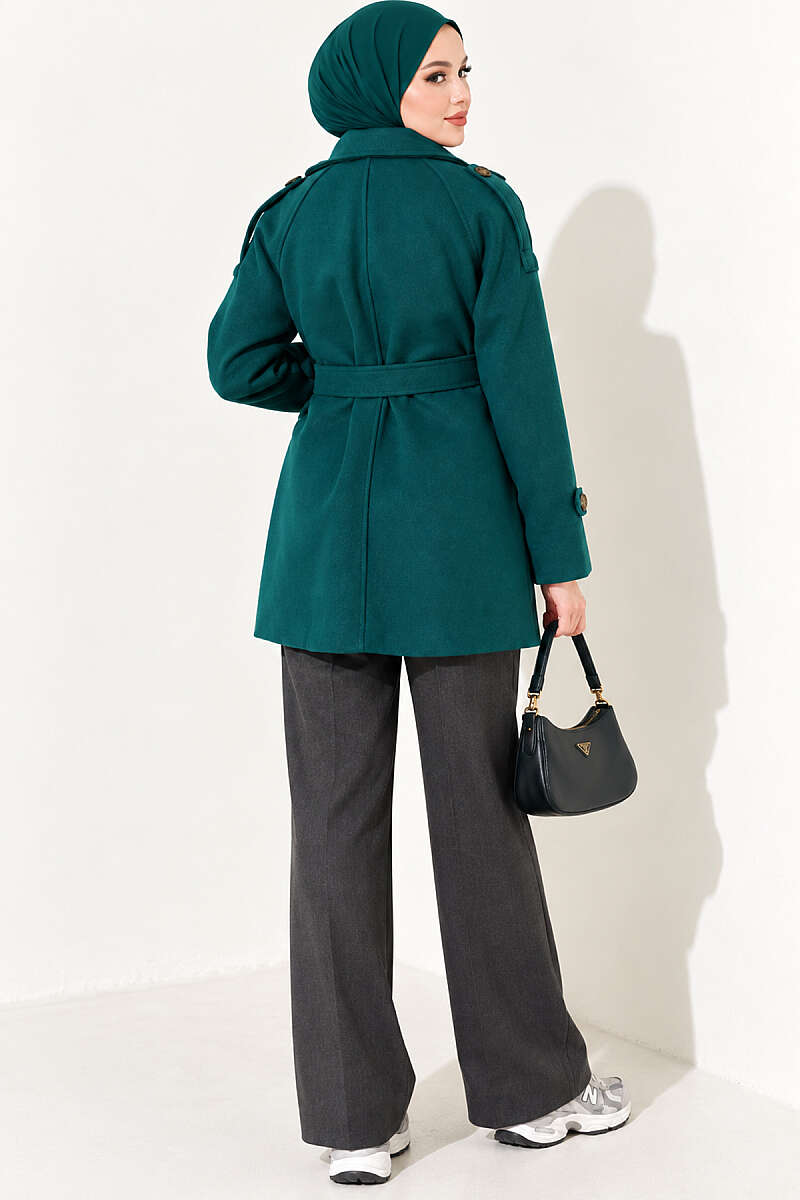 Short Belted Felt Coat with Epaulettes - Emerald
