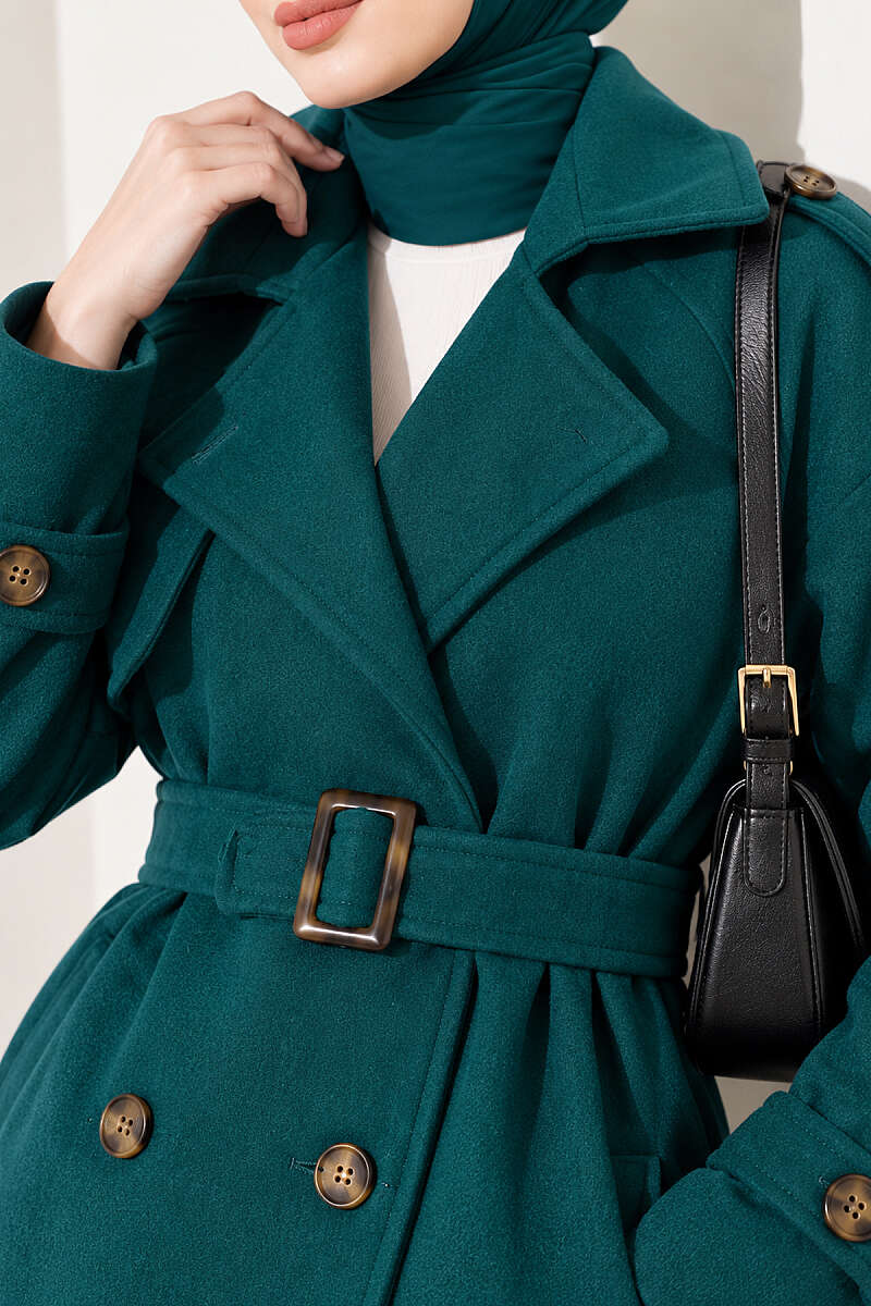 Short Belted Felt Coat with Epaulettes - Emerald