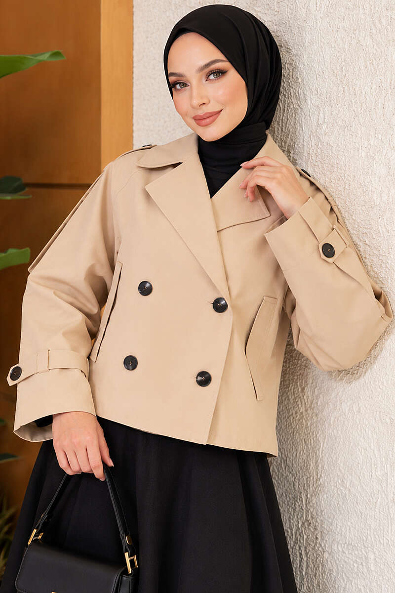 Short Belted Trench Coat with Epaulettes - Beige