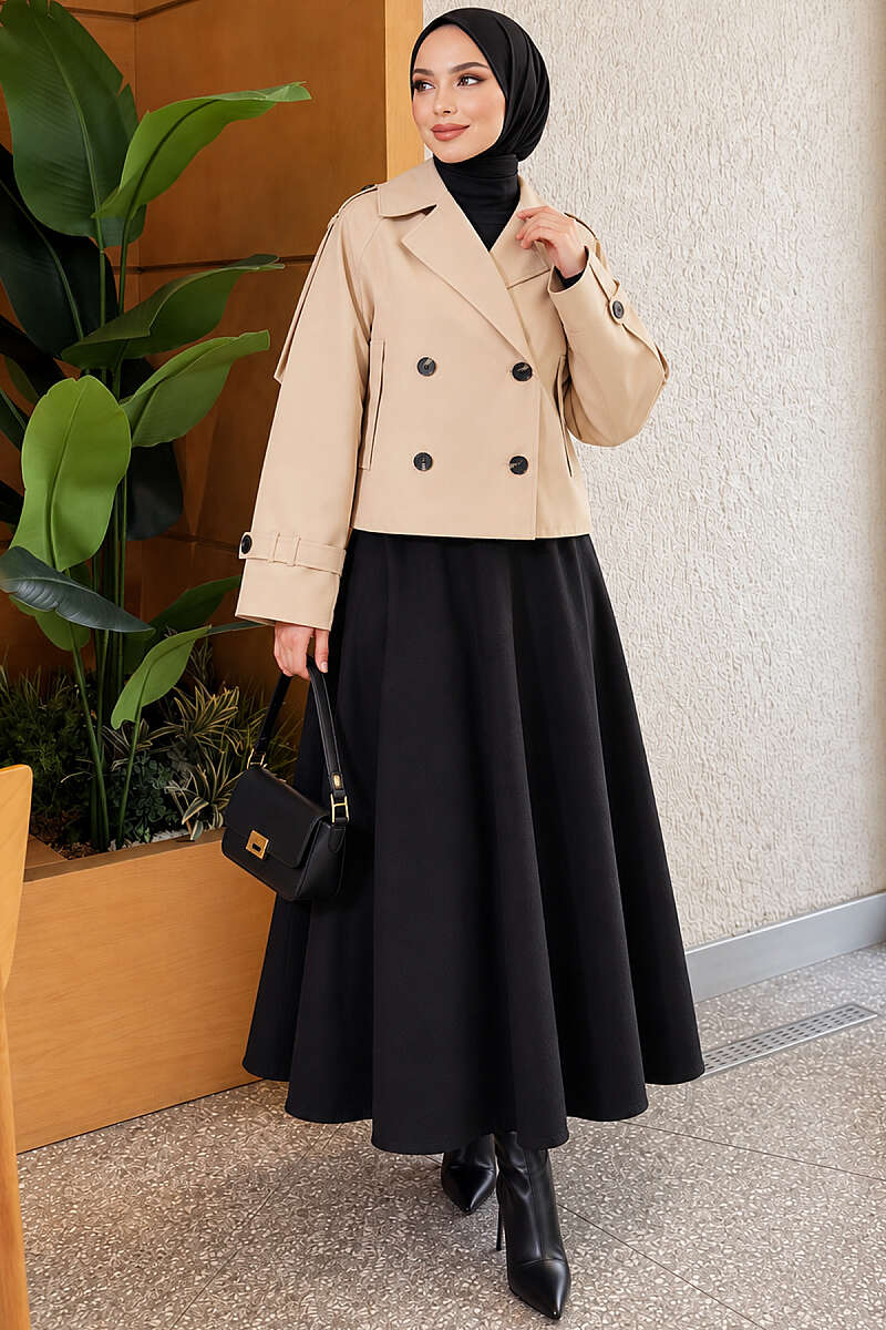 Short Belted Trench Coat with Epaulettes - Beige