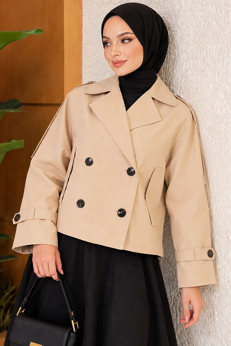 Short Belted Trench Coat with Epaulettes - Beige