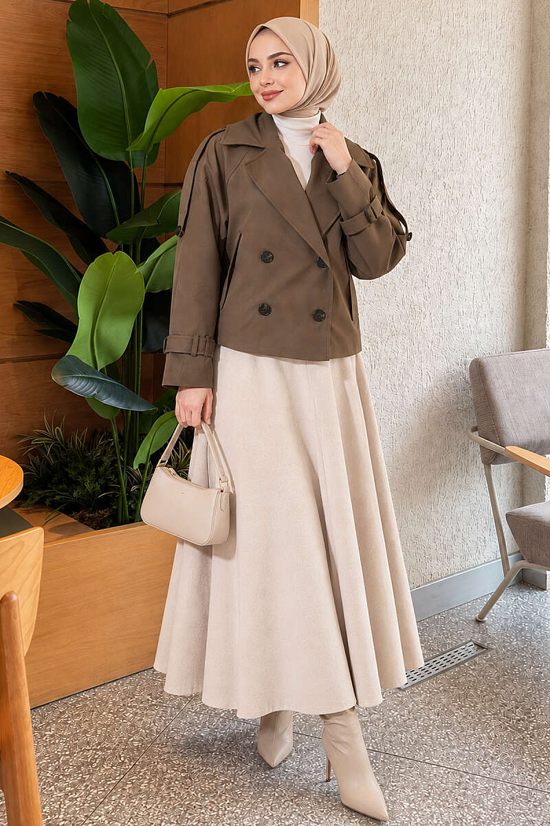 Short Belted Trench Coat with Epaulettes - Khaki