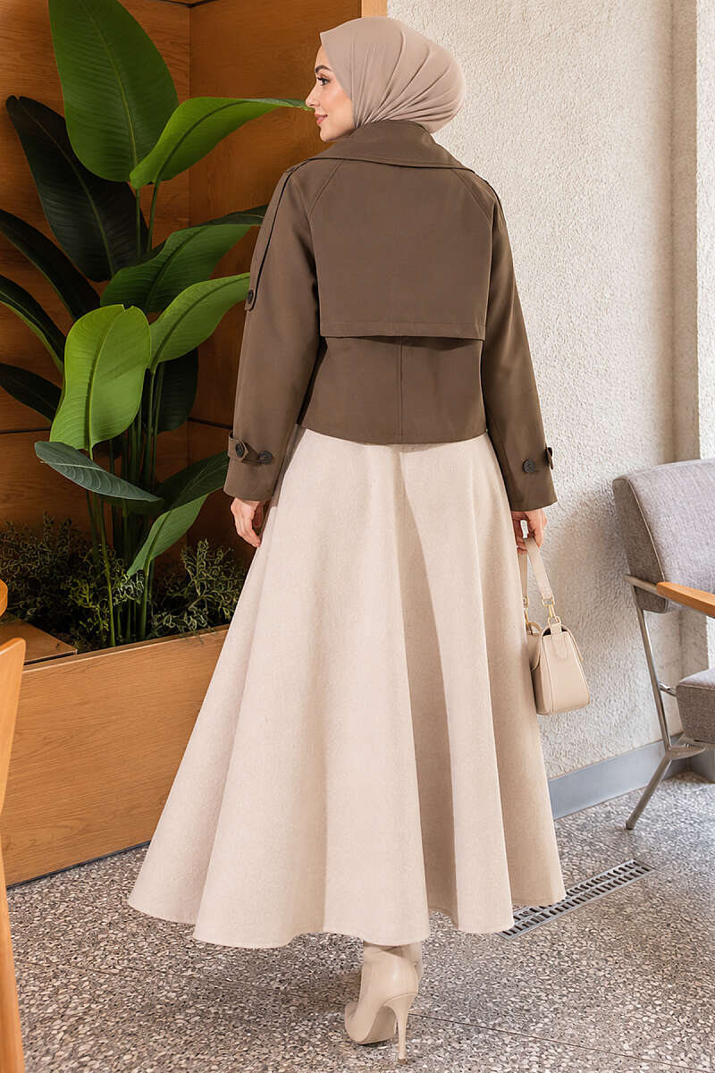 Short Belted Trench Coat with Epaulettes - Khaki
