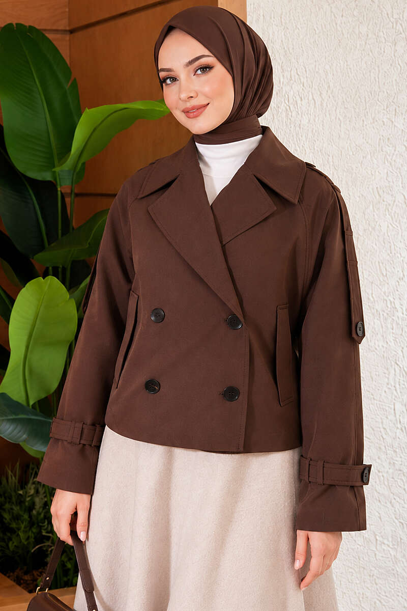 Short Belted Trench Coat with Epaulettes - Brown