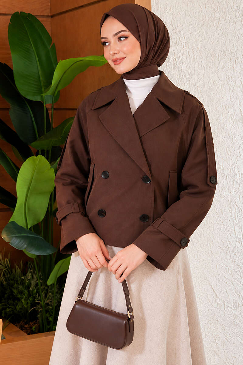 Short Belted Trench Coat with Epaulettes - Brown