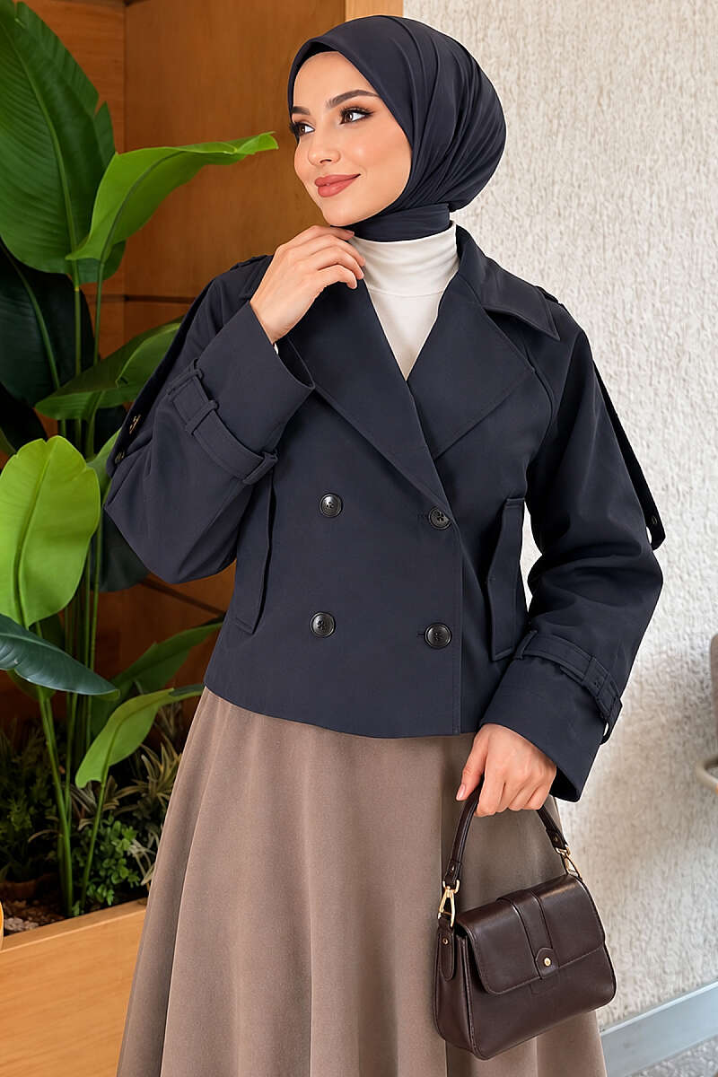 Short Belted Trench Coat with Epaulettes - Navy