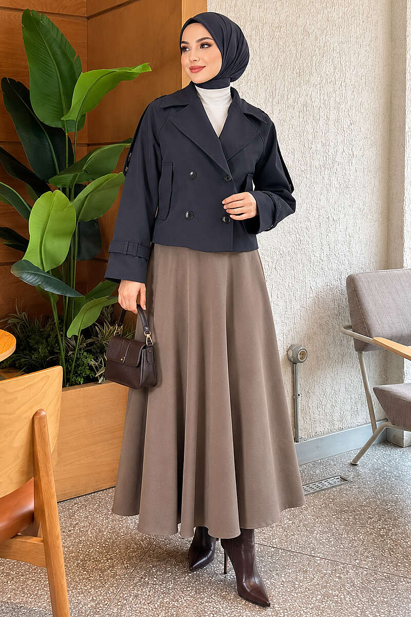 Short Belted Trench Coat with Epaulettes - Navy