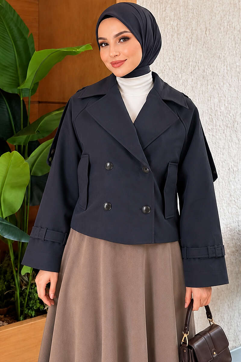 Short Belted Trench Coat with Epaulettes - Navy