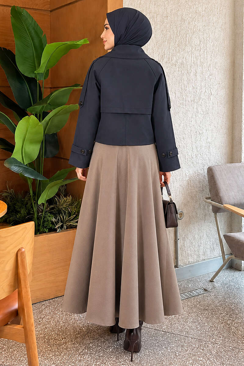 Short Belted Trench Coat with Epaulettes - Navy