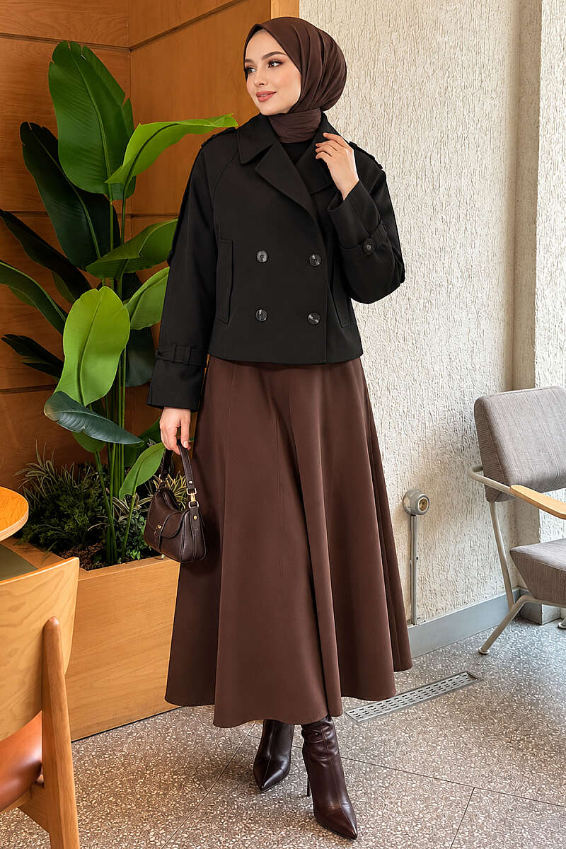 Short Belted Trench Coat with Epaulettes - Black