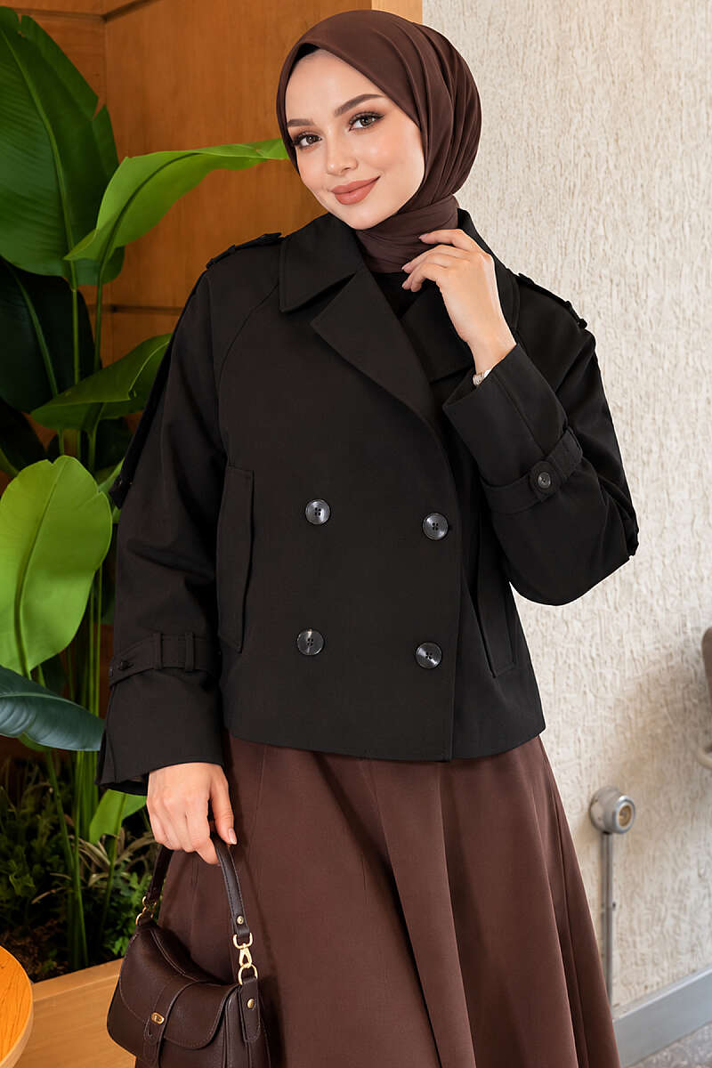 Short Belted Trench Coat with Epaulettes - Black