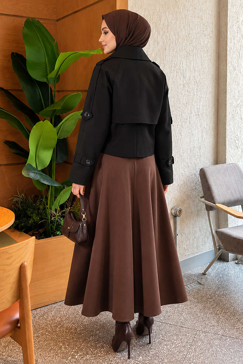 Short Belted Trench Coat with Epaulettes - Black