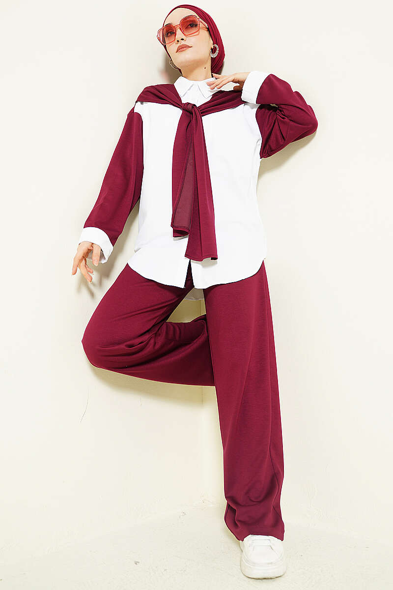 Loycha Two-Piece Set with Shoulder Scarf - Burgundy