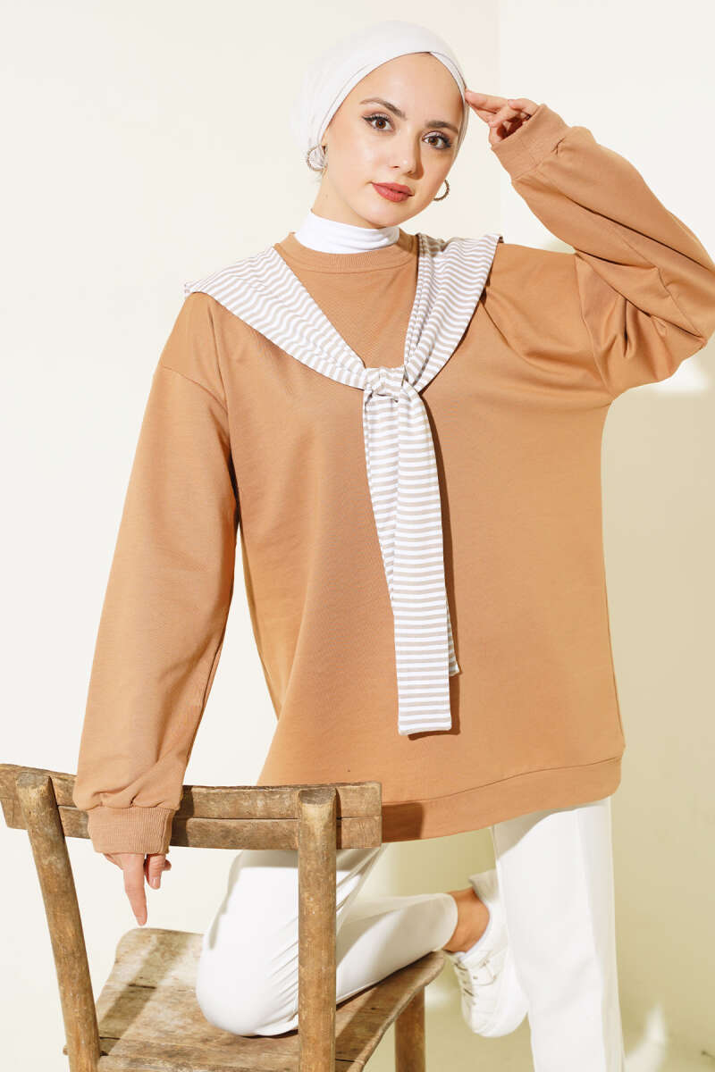 Tunic with Shoulder Scarf Look - Latte
