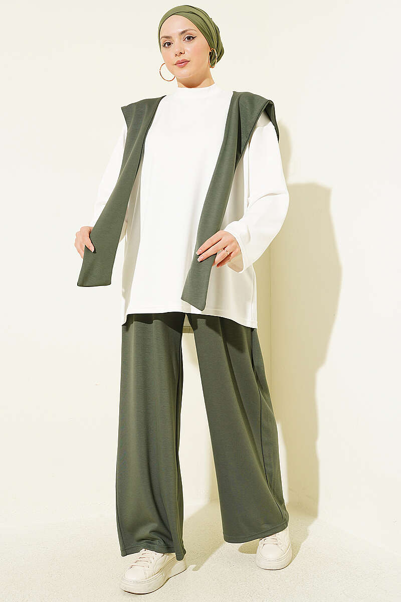 Basic Two-Piece Set with Shoulder Scarf - Khaki