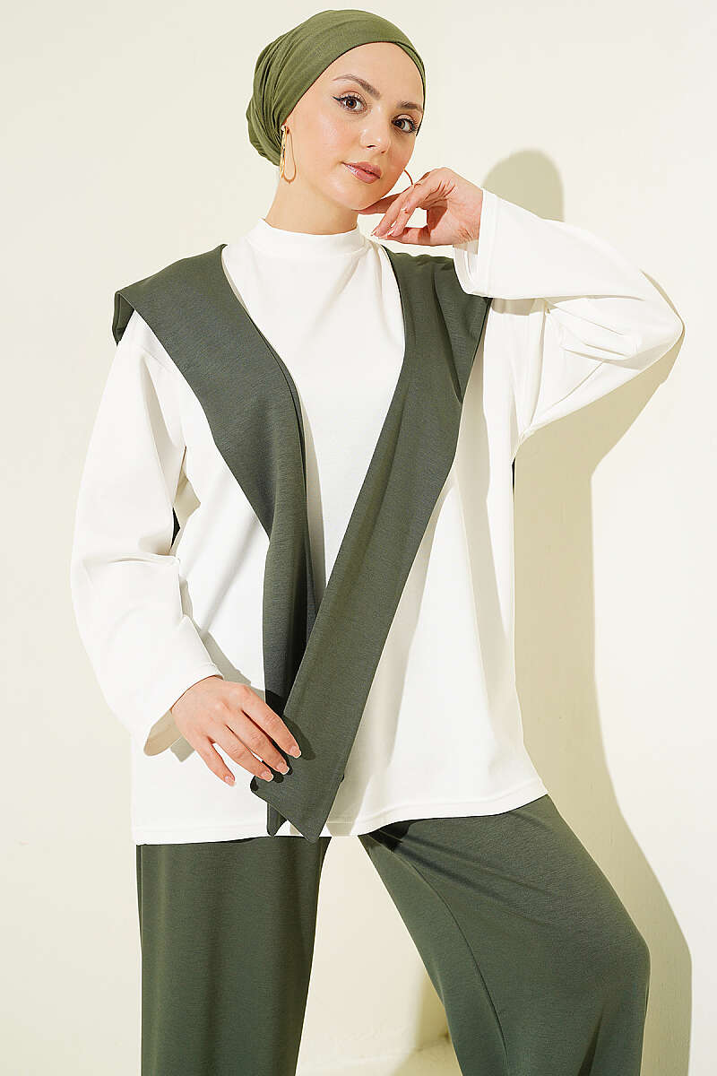Basic Two-Piece Set with Shoulder Scarf - Khaki