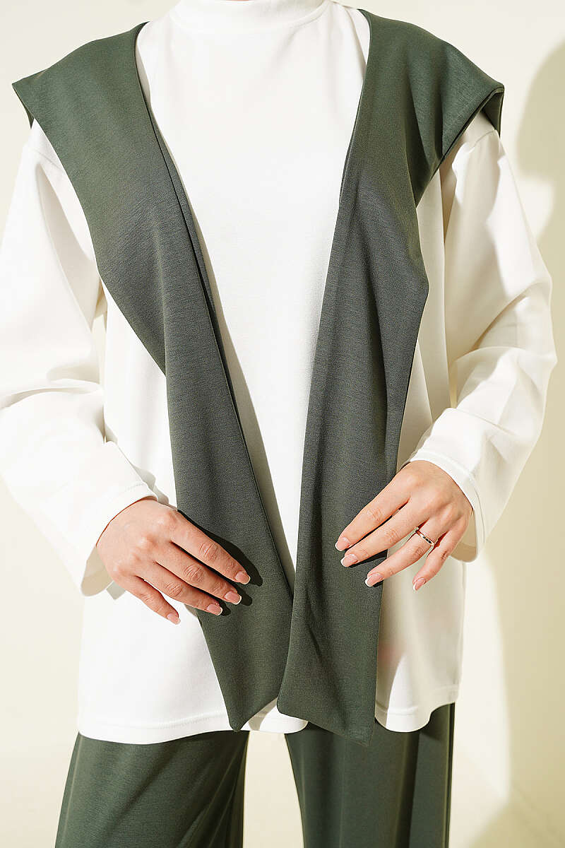 Basic Two-Piece Set with Shoulder Scarf - Khaki