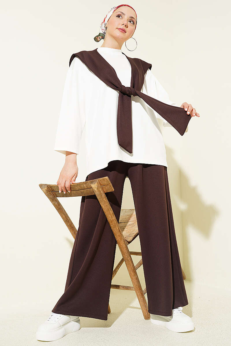 Basic Two-Piece Set with Shoulder Scarf - Brown