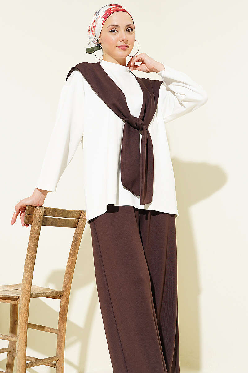 Basic Two-Piece Set with Shoulder Scarf - Brown