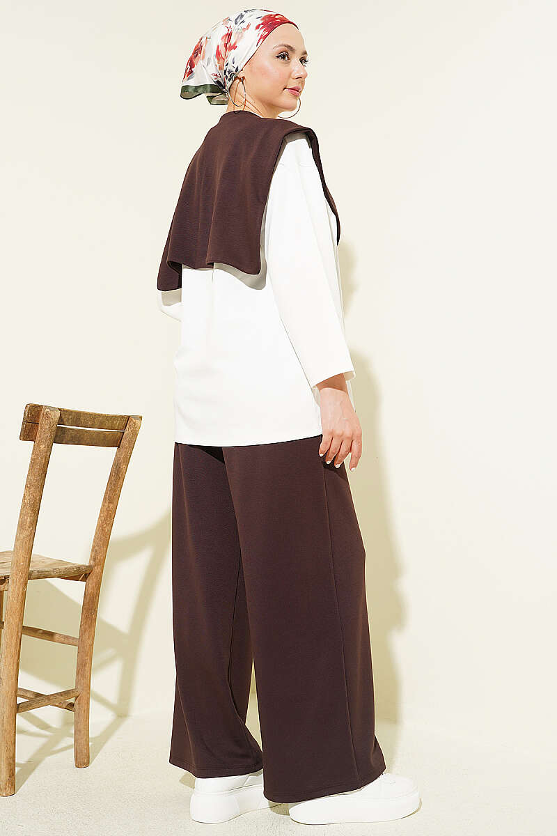 Basic Two-Piece Set with Shoulder Scarf - Brown