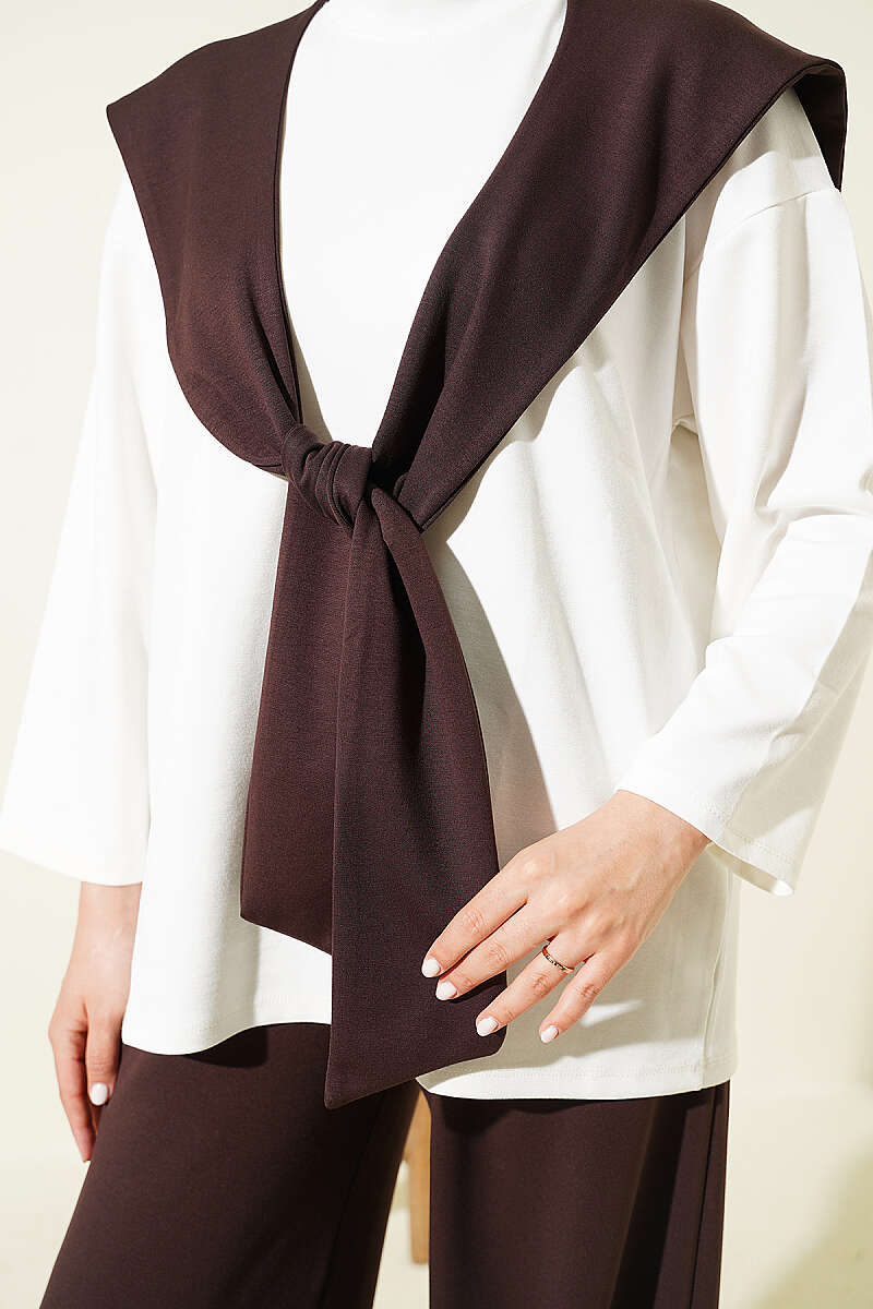 Basic Two-Piece Set with Shoulder Scarf - Brown