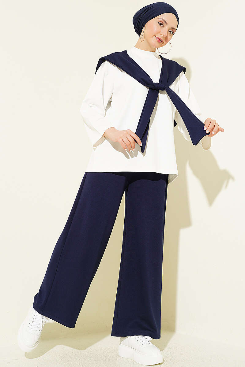 Basic Two-Piece Set with Shoulder Scarf - Navy