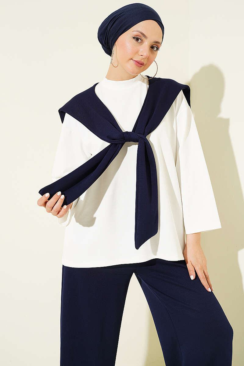 Basic Two-Piece Set with Shoulder Scarf - Navy
