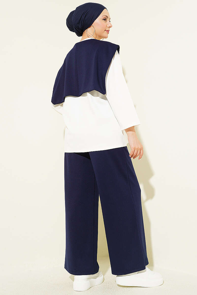 Basic Two-Piece Set with Shoulder Scarf - Navy