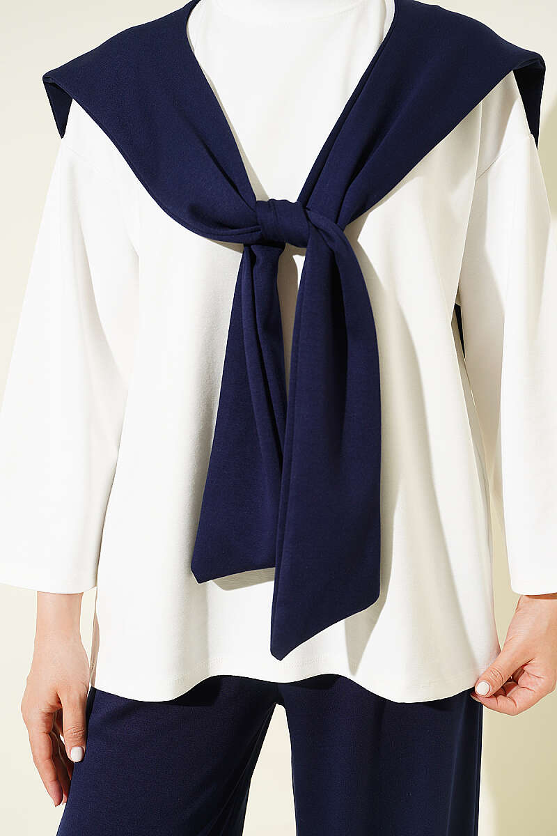 Basic Two-Piece Set with Shoulder Scarf - Navy