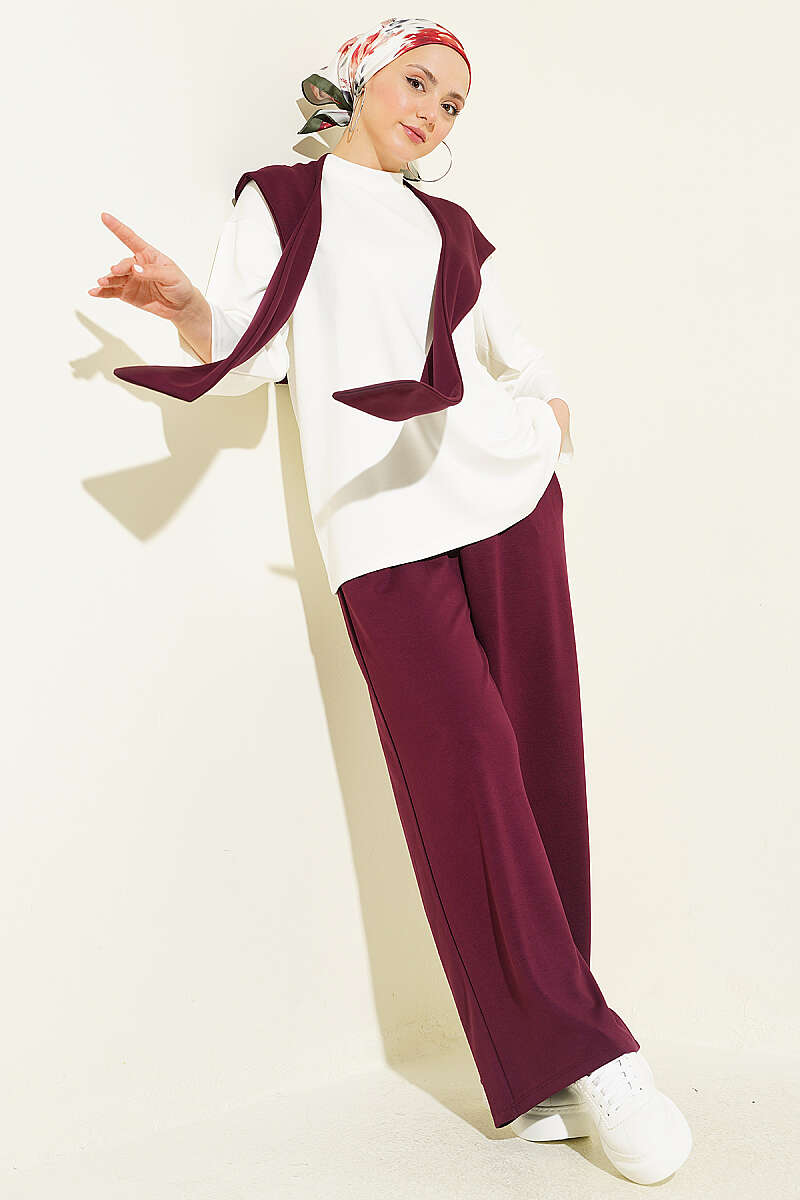 Basic Two-Piece Set with Shoulder Scarf - Plum