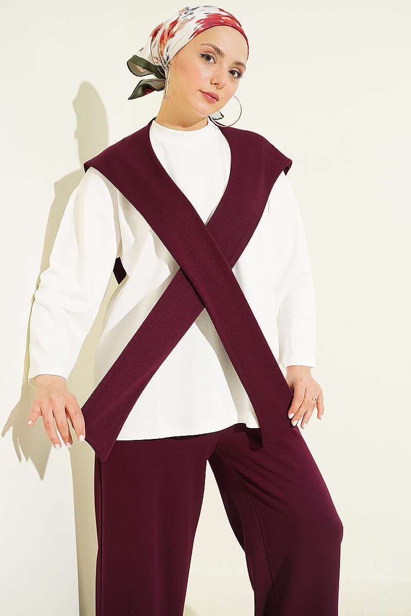 Basic Two-Piece Set with Shoulder Scarf - Plum
