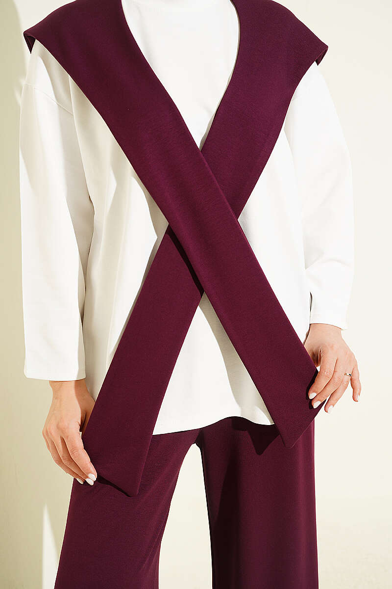 Basic Two-Piece Set with Shoulder Scarf - Plum