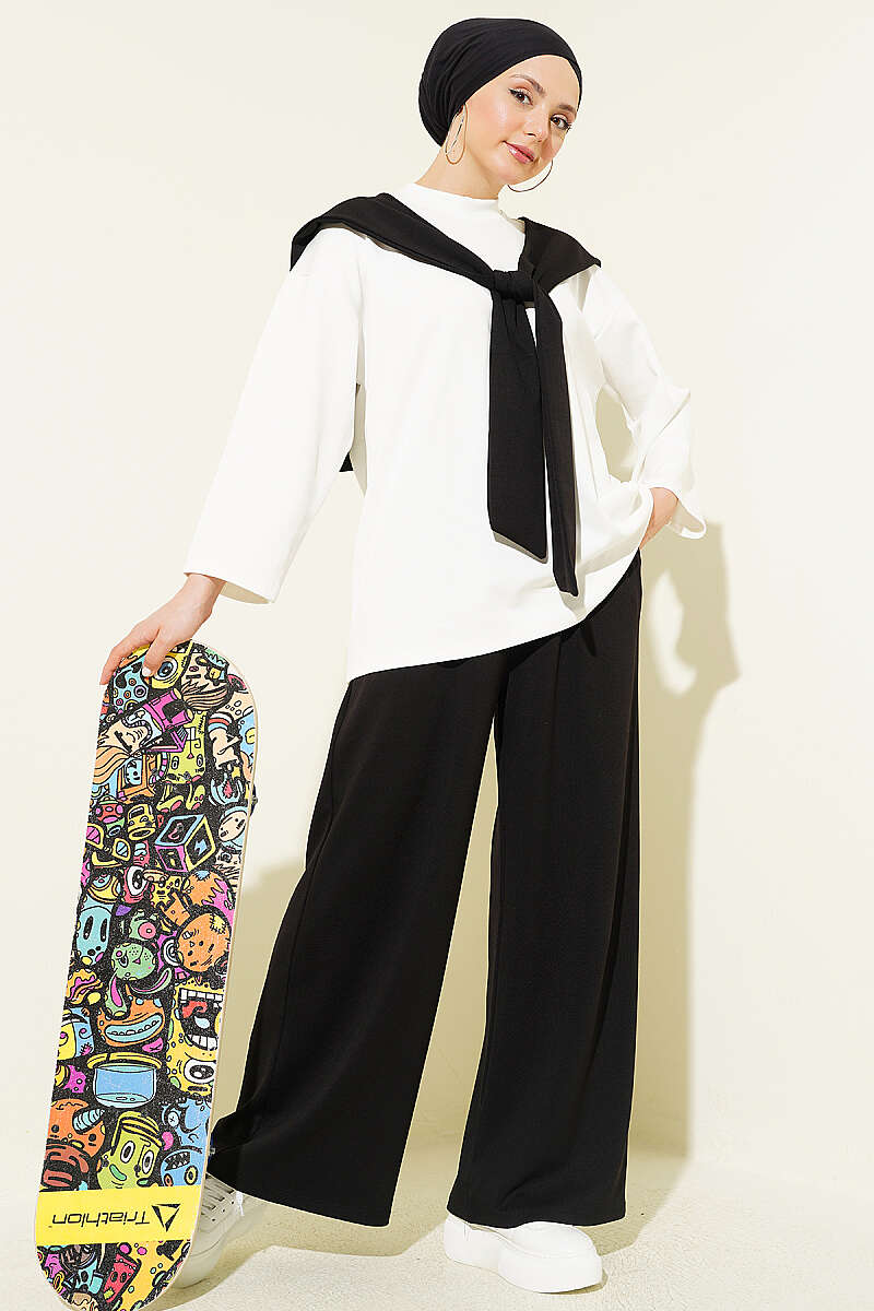 Basic Two-Piece Set with Shoulder Scarf - Black