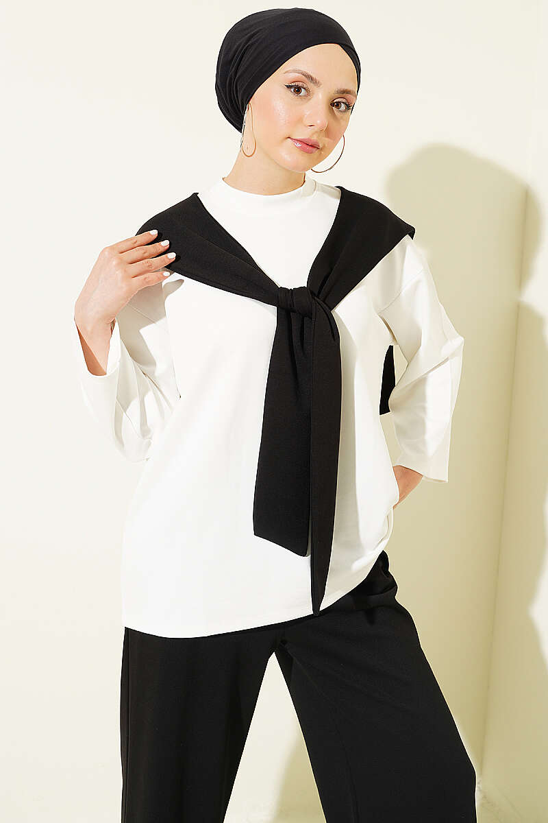 Basic Two-Piece Set with Shoulder Scarf - Black