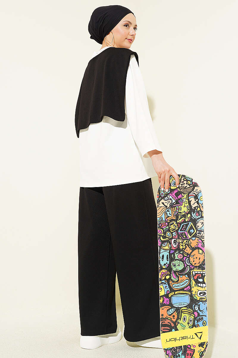 Basic Two-Piece Set with Shoulder Scarf - Black