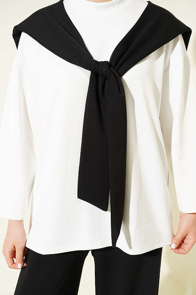 Basic Two-Piece Set with Shoulder Scarf - Black