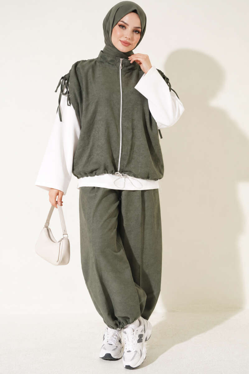 Three-Piece Set with Shoulder Tie Detail - Khaki