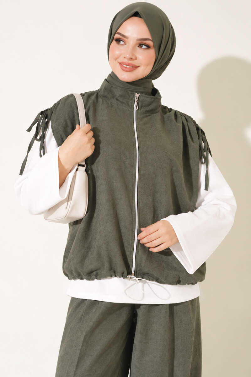 Three-Piece Set with Shoulder Tie Detail - Khaki