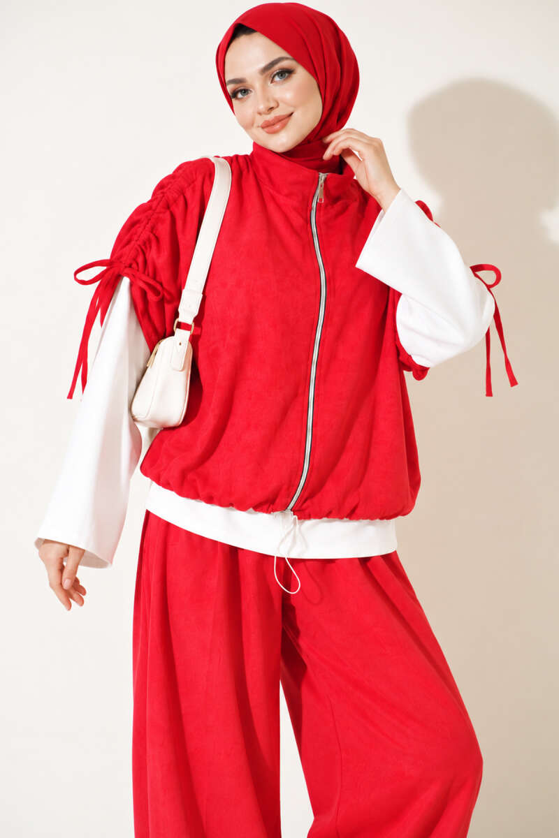 Three-Piece Set with Shoulder Tie Detail - Red