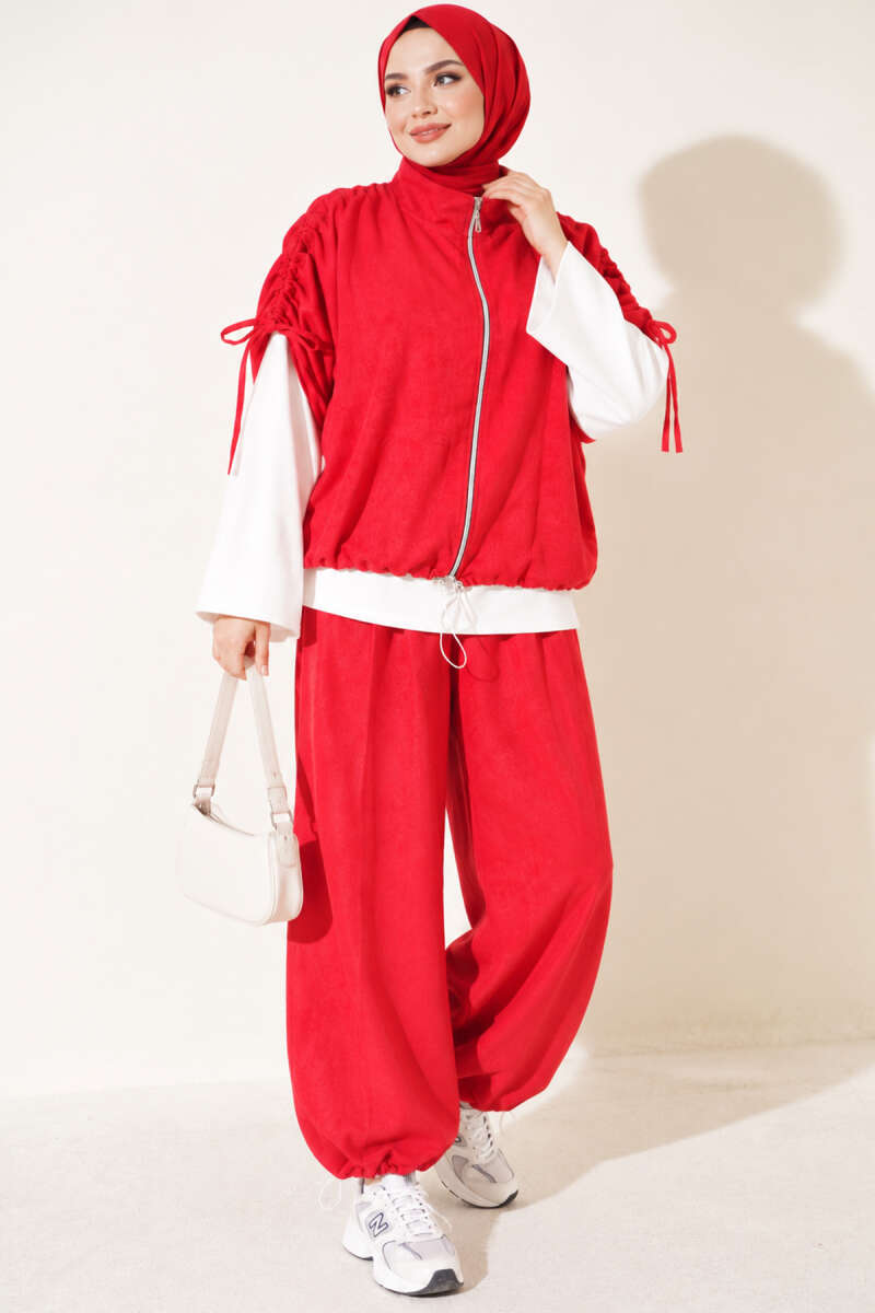 Three-Piece Set with Shoulder Tie Detail - Red